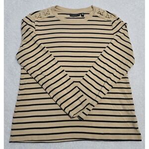 Rafaella Top Women Sz L Beige Striped Long Sleeve Crew Neck Cotton Casual